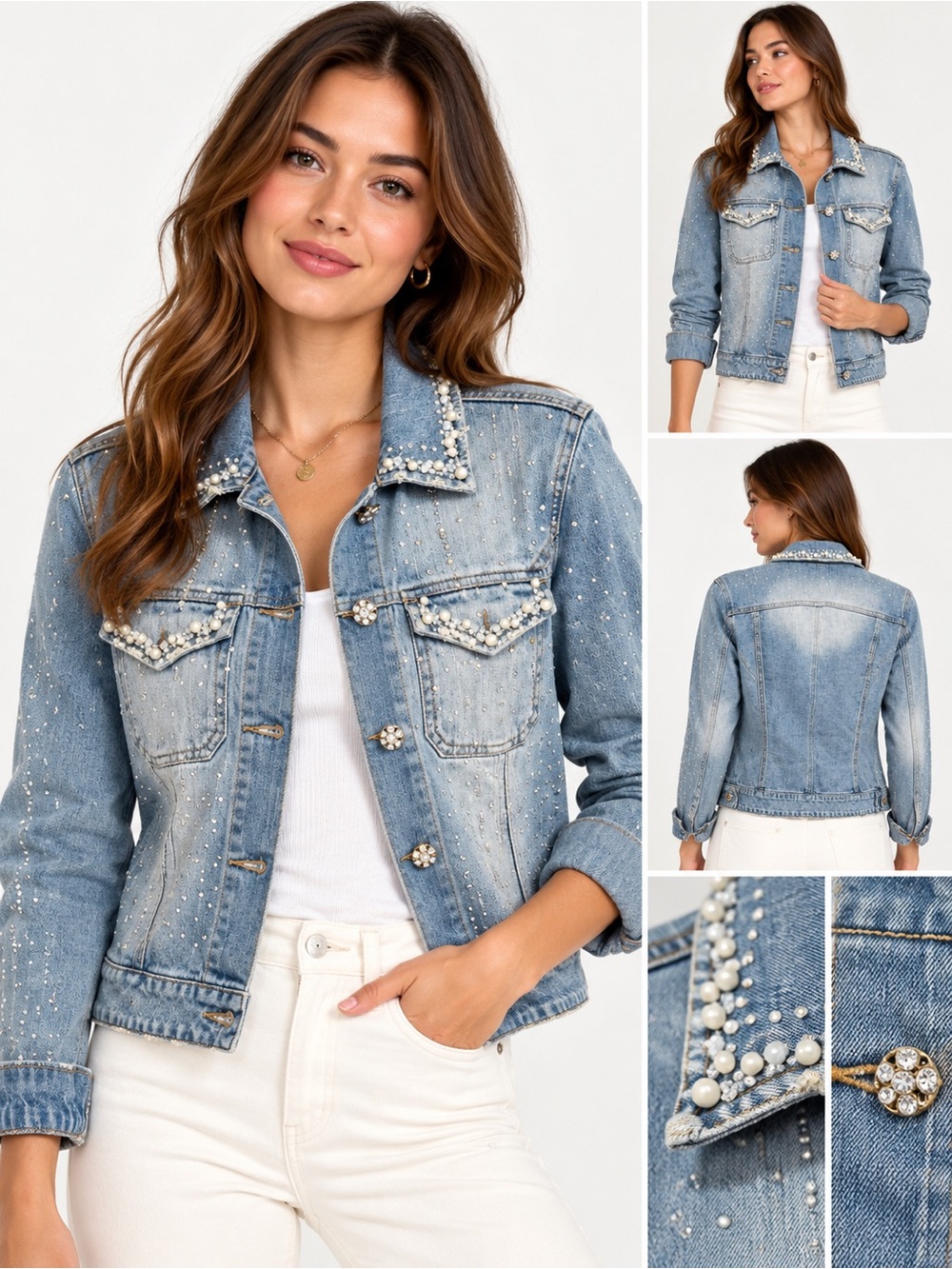 Cache Size 2 Y2K Pearl Rhinestone Embellished Stretch Denim Jacket Jeweled